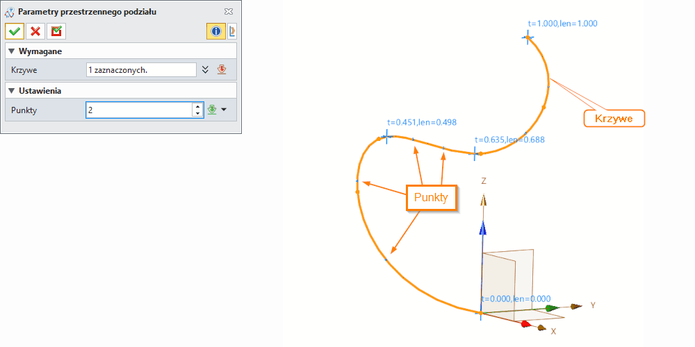 Szkic3D Parametry przestrzennego podziału ZW3D Panel
