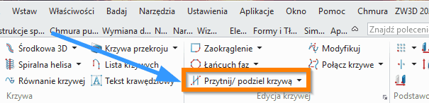 Szkic3D Przytnij podziel krzywą ZW3D wstążka