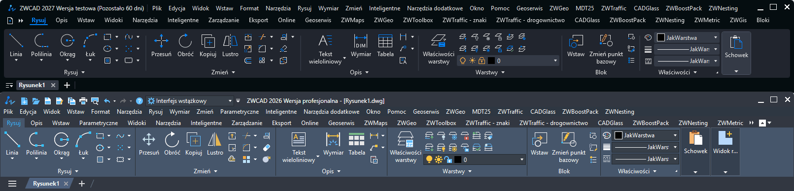 Porównanie interfejsu ZWCADa 2027 i 2026 Porównanie interfejsu ZWCADa 2027 i 2026