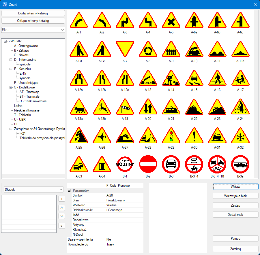 Okno do wstawiania znaków drogowych